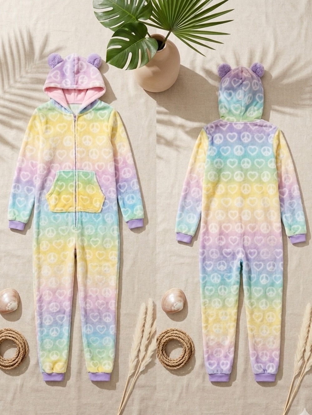 MORE THAN MAGIC Girls Pastel Rainbow Fleece Pajama Union Suit - Hooded with Ears